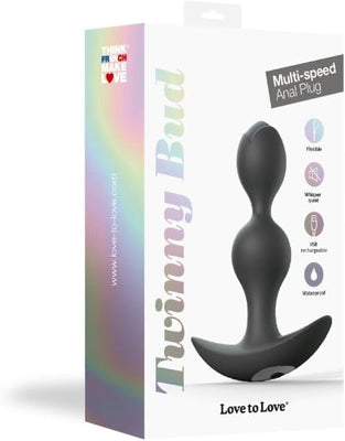 Black Twinny Bud anal plug with dual rounded beads, ergonomic base, and USB rechargeable, shown with product packaging.