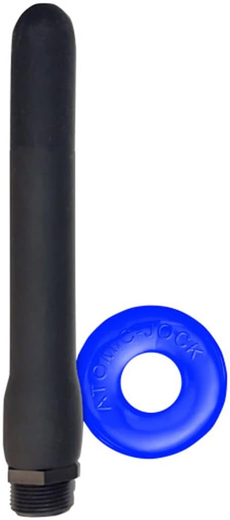 Black flexible silicone shower hose nozzle with attached threaded base and a separate blue Atomic Jock cockring.