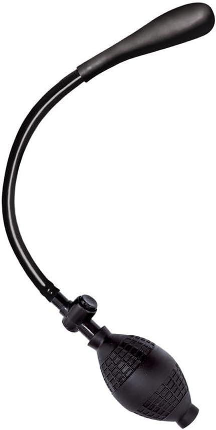 Black anal balloon pump with curved inflatable tip and easy-squeeze bulb for adjustable comfort and control.