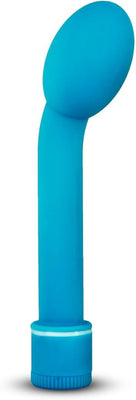 Blue G Slim Petite vibrator with a curved, bulbous head and smooth satin finish for targeted stimulation.