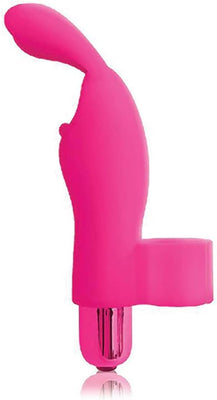Pink silicone finger vibrator with curved tip and small bunny ears for targeted stimulation.