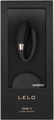 Black LELO Tiani 2 couples massager with wireless remote in sleek black packaging with SenseMotion technology branding.