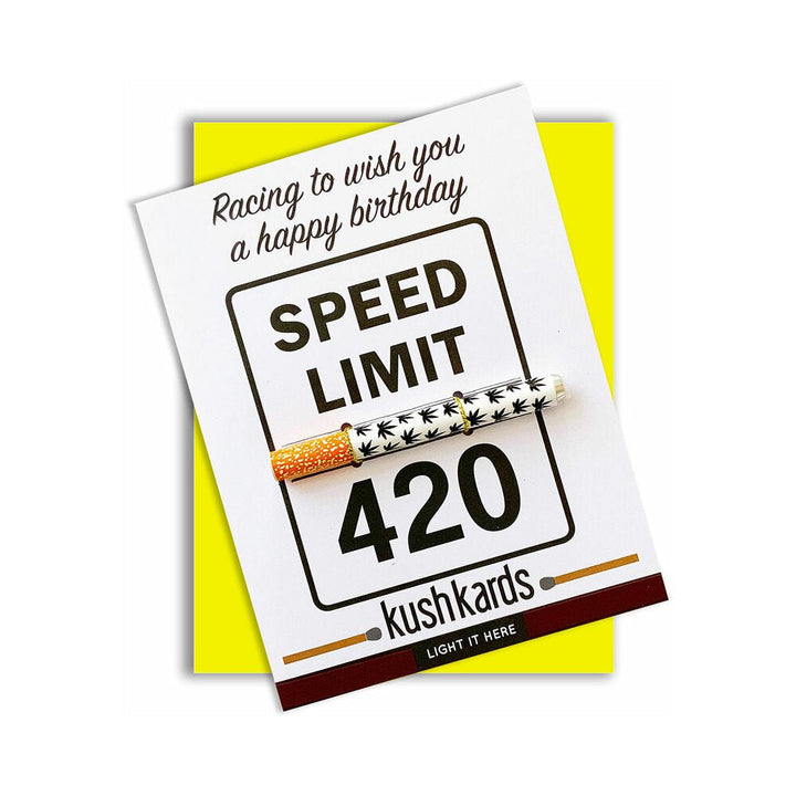 420 birthday greeting card with metal one-hitter pipe featuring cannabis leaf design and speed limit 420 message.