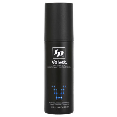 Black bottle of ID Velvet silicone lubricant with minimalist white and blue text and graphics, 4.2 fl oz size.