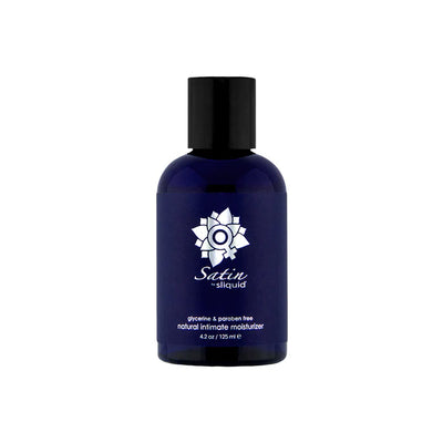 Blue bottle of Sliquid Naturals Satin natural intimate moisturizer with black cap and white logo text