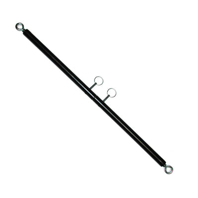 Black adjustable spreader bar with metal eyebolts for secure attachment, designed for versatile bondage use.