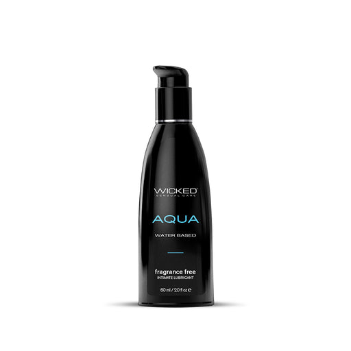 Black pump bottle of Wicked Aqua fragrance-free water-based lubricant, 60 ml size, with blue and white text.