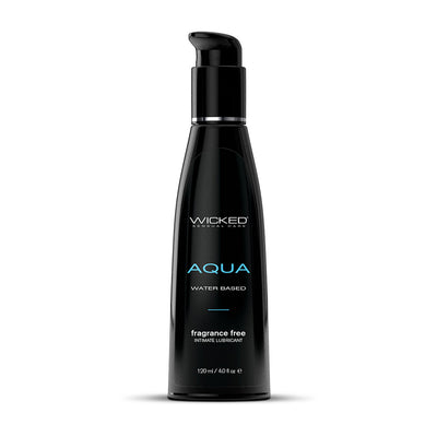 Black pump bottle of Wicked Aqua fragrance-free water-based intimate lubricant, 120 ml size.