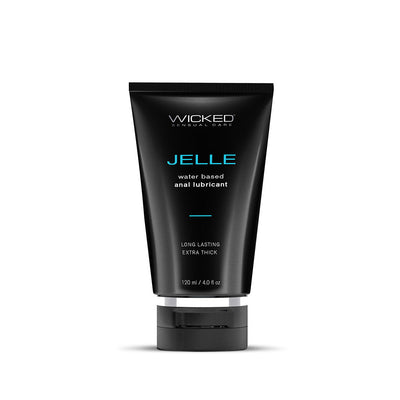 Black tube of Wicked Jelle water-based anal lubricant with blue and white text, 4 oz size.