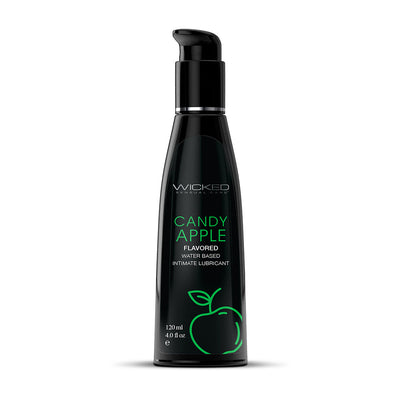 Black pump bottle of Wicked Candy Apple flavored water-based intimate lubricant, 4oz with green apple graphic.