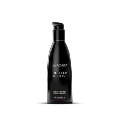 Black pump bottle of Wicked Ultra Silicone fragrance-free intimate lubricant, 60 ml size.