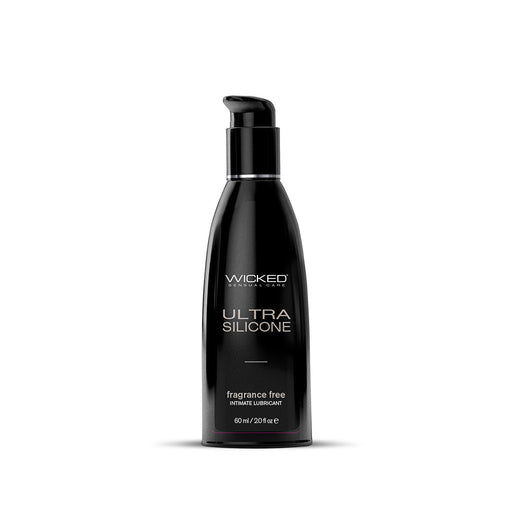 Black pump bottle of Wicked Ultra Silicone fragrance-free intimate lubricant, 60 ml size.
