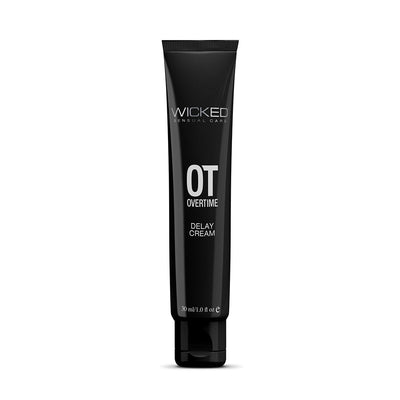 Black 1oz tube of Wicked Overtime Delay Cream for men with white and silver text on a white background.