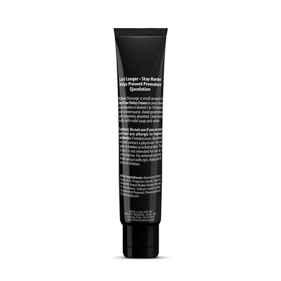 Black tube of Wicked Overtime Delay Cream with usage instructions and ingredients on the back label.