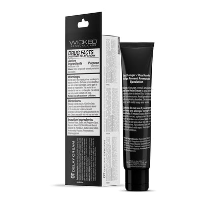 Wicked Overtime Delay Cream 1oz tube and packaging showing drug facts and usage instructions on a white background.