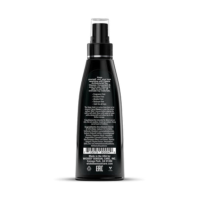 Back view of Wicked Antibacterial Toy Cleaner 4oz black spray bottle with usage instructions and ingredients.
