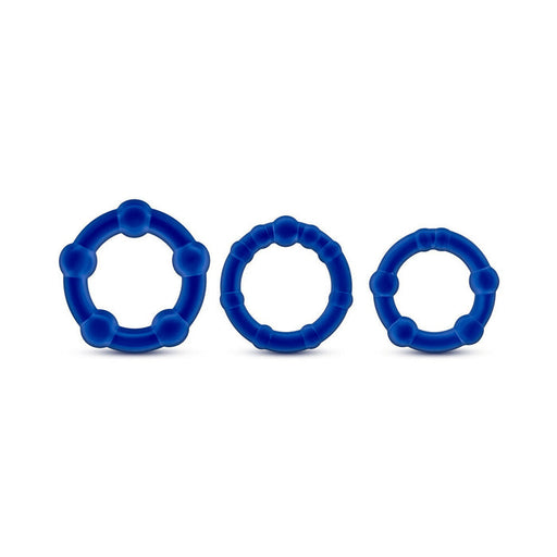 Set of three blue beaded stretchy cock rings in varying sizes on a white background.