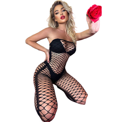 Black Pearl Fishnet Strapless Bodysuit Black