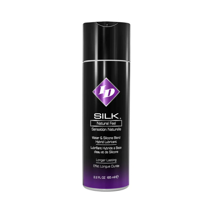 Black and purple bottle of ID Silk Hybrid Lubricant with water and silicone blend, 2.2 fl oz size.