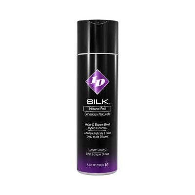 Bottle of ID Silk Hybrid Lubricant with water and silicone blend, featuring natural feel and long-lasting formula.