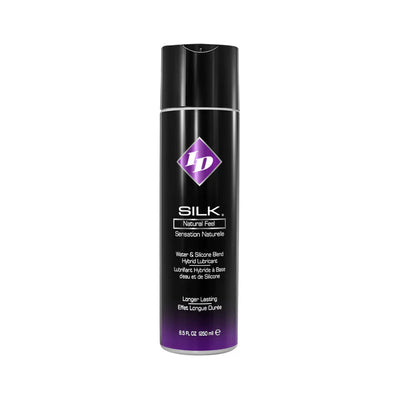 Black and purple bottle of ID Silk Hybrid Lubricant with water and silicone blend for long-lasting natural feel.