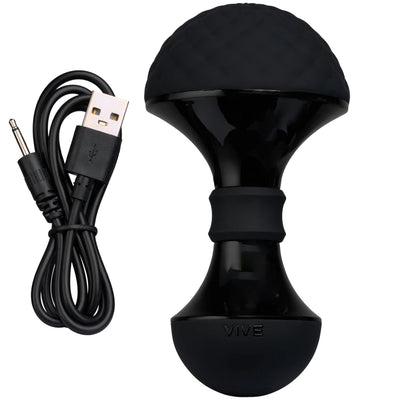 Black Vive Enoki bendable massager with textured head and USB charging cable on white background.