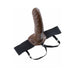 8-inch hollow brown strap-on dildo with adjustable black elastic harness on white background.