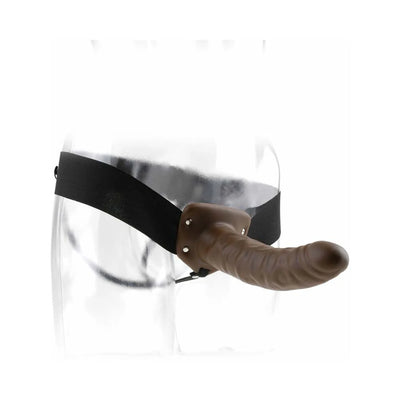 8-inch hollow brown strap-on dildo with adjustable black elastic harness displayed on clear mannequin hips.