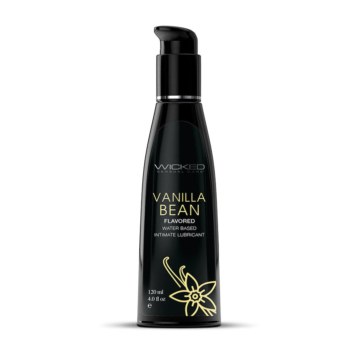 Black pump bottle of Wicked Aqua Vanilla Bean flavored water-based intimate lubricant, 4 oz with vanilla flower design.