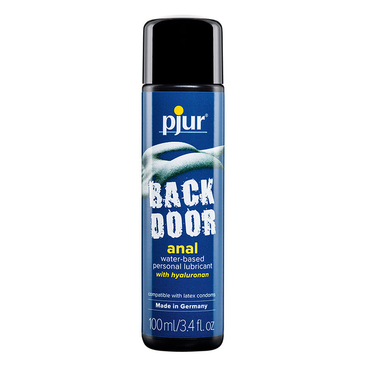 Bottle of pjur Back Door water-based anal lubricant with hyaluronan, 3.4 oz, blue label and black cap.