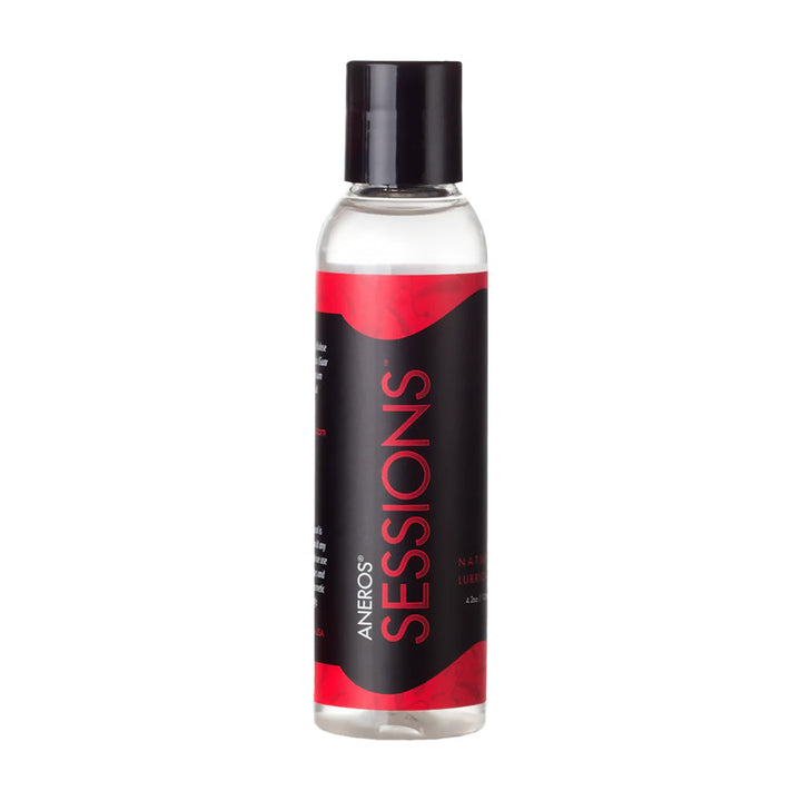 Clear 4.2 oz bottle of Aneros Sessions water-based personal lubricant with black and red label and black cap