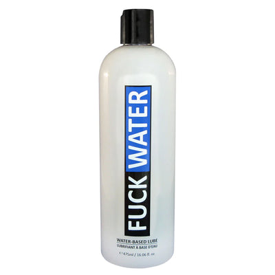 Bottle of F*ck Water water-based lubricant with black cap and bold blue and black label on white background