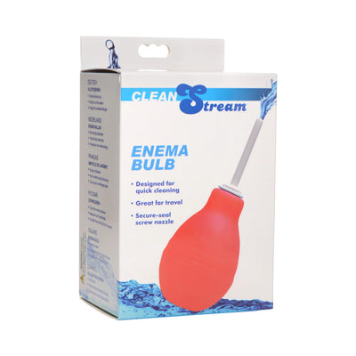 Cleanstream Enema Bulb packaging showing red bulb with white nozzle and product features on white box with blue water design.