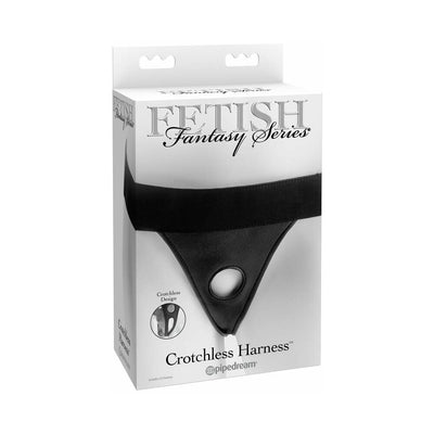 Packaging of Fetish Fantasy Series black crotchless strap-on harness with adjustable waistband and central opening.