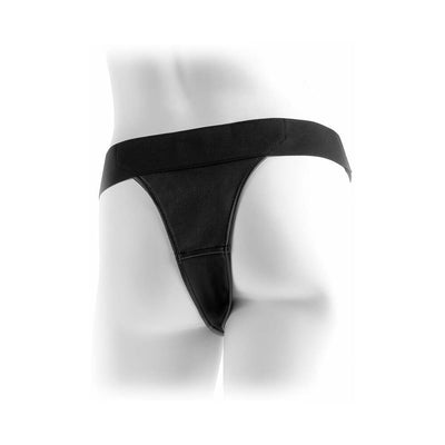 Black crotchless strap-on harness with elastic waistband and thong-style back shown on a mannequin.