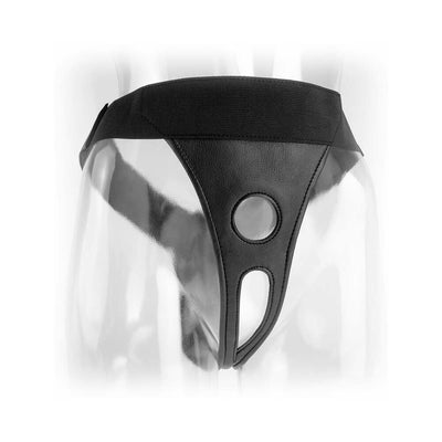 Black crotchless strap-on harness with adjustable elastic waistband and dual openings, displayed on a clear mannequin.