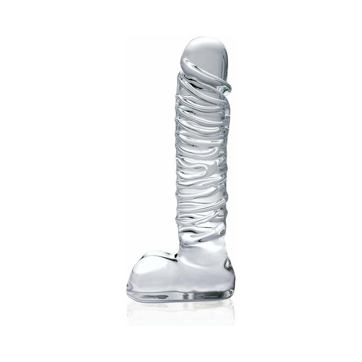 Clear glass massager with textured spiral design and sculpted base, standing upright on a white background.