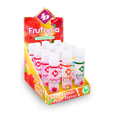Display box of 12 ID Frutopia assorted fruit-flavored water-based lubricant bottles in 1 oz size with colorful fruit-themed packaging.