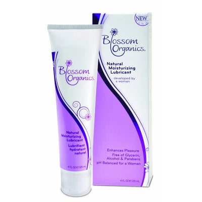 Tube and box of Blossom Organics Natural Moisturizing Lubricant with purple and white packaging, 4 oz size.