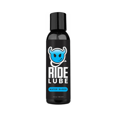 Bottle of Ride Bodyworx water-based lubricant with black label and blue devil logo, 4.2 oz size.