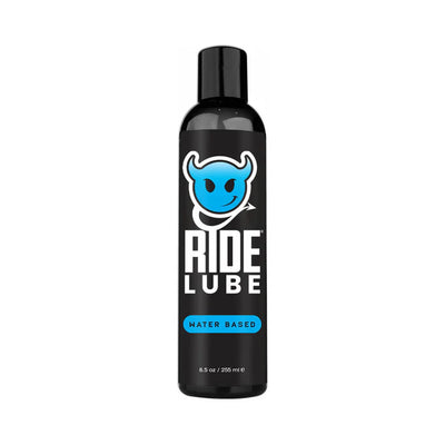 Bottle of Ride Bodyworx water-based lubricant with black label and blue devil logo, 8.5 oz size.