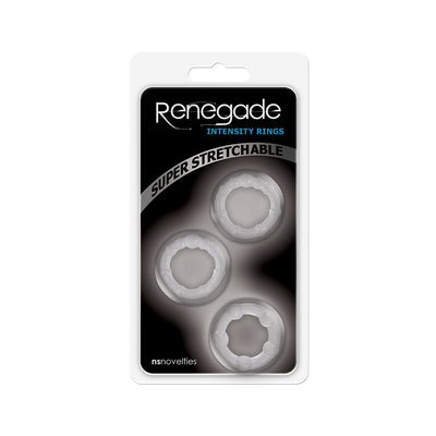 Pack of three clear, super stretchable Renegade Intensity Rings in black and white retail packaging.