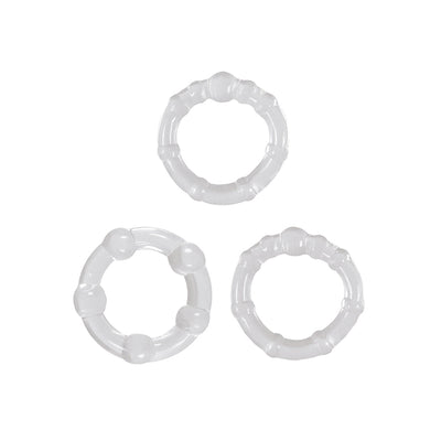 Set of three clear flexible intensity rings with textured bumps for enhanced sensation and comfortable fit.