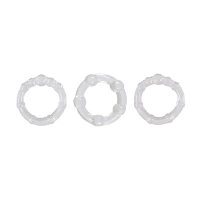 Set of three clear flexible intensity rings with textured nodules for enhanced sensation and comfortable fit.