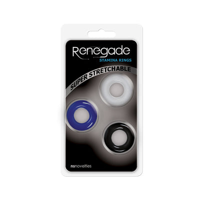 Packaging of Renegade Stamina Rings set showing three super stretchable rings in clear, black, and blue colors.