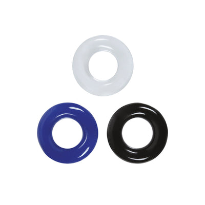 Set of three stretchy stamina rings in clear, blue, and black made from durable Thermoplastic Elastomers (TPE).