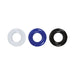 Set of three Renegade Stamina Rings in clear, blue, and black made from flexible TPE material.