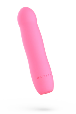 Flamingo pink B Swish Bdesired Infinite Deluxe smooth silicone massager with curved tip and discreet branding.