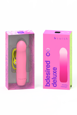 Flamingo pink B Swish Bdesired Infinite Deluxe vibrating massager with USB charging cable in clear and pink packaging.