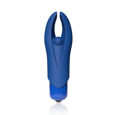 Compact blue silicone finger vibrator with flexible horns and a central pleasure bead, designed for targeted stimulation.
